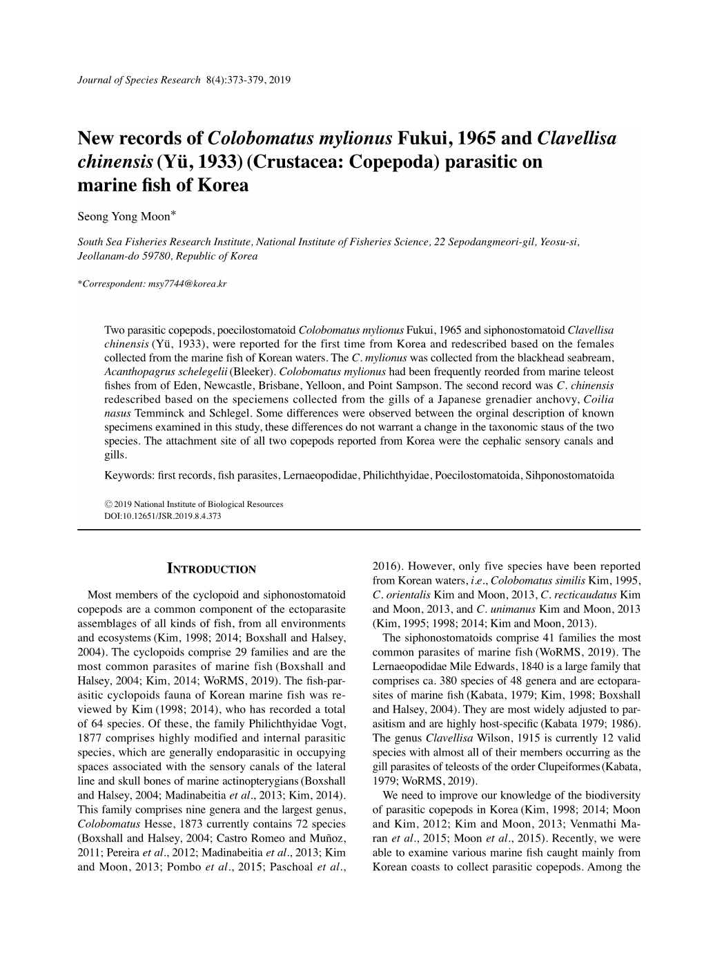 Crustacea: Copepoda) Parasitic on Marine Fish of Korea