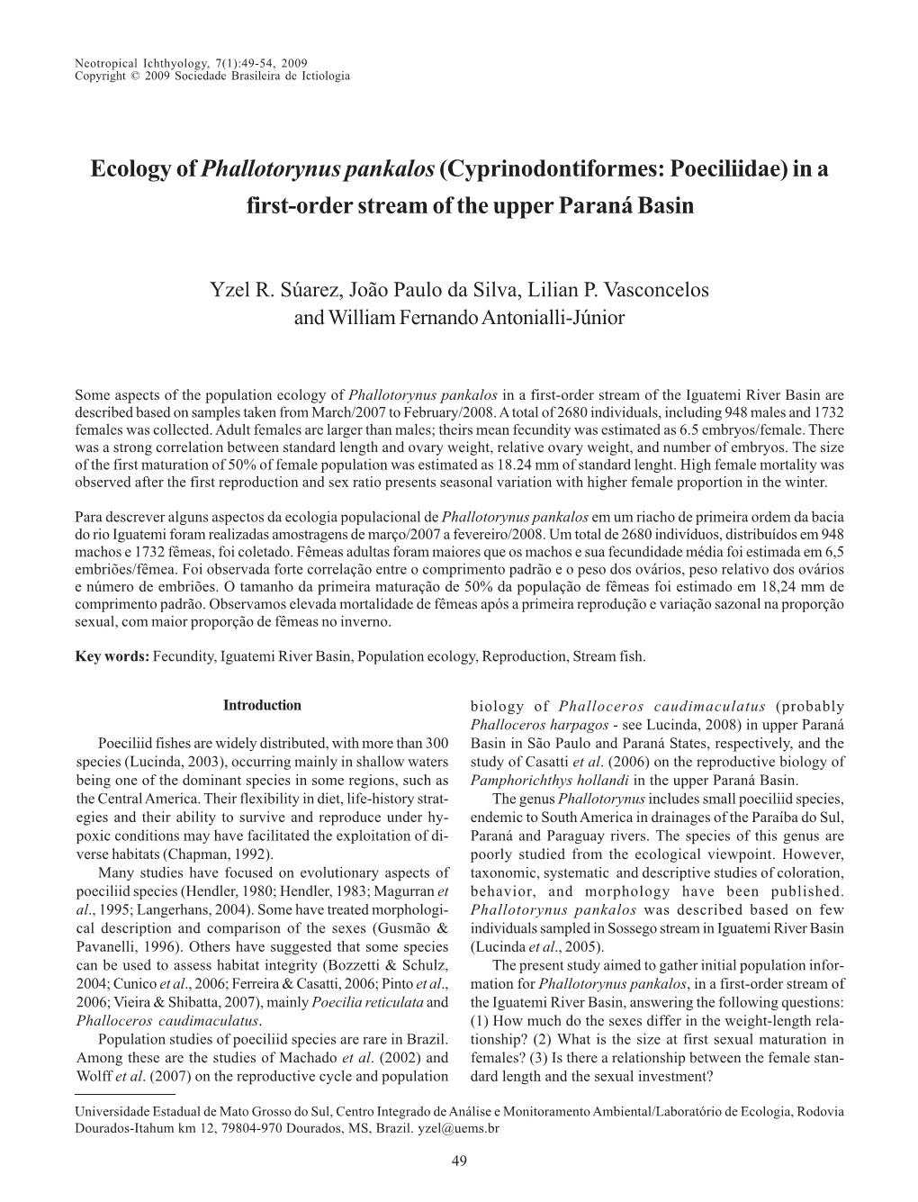 Ecology of Phallotorynus Pankalos(Cyprinodontiformes: Poeciliidae)