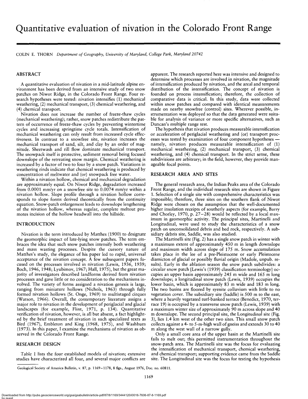 Quantitative Evaluation of Nivation in the Colorado Front Range