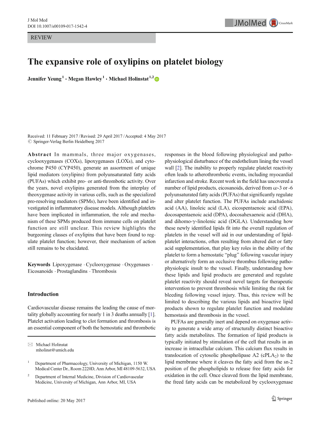 The Expansive Role of Oxylipins on Platelet Biology