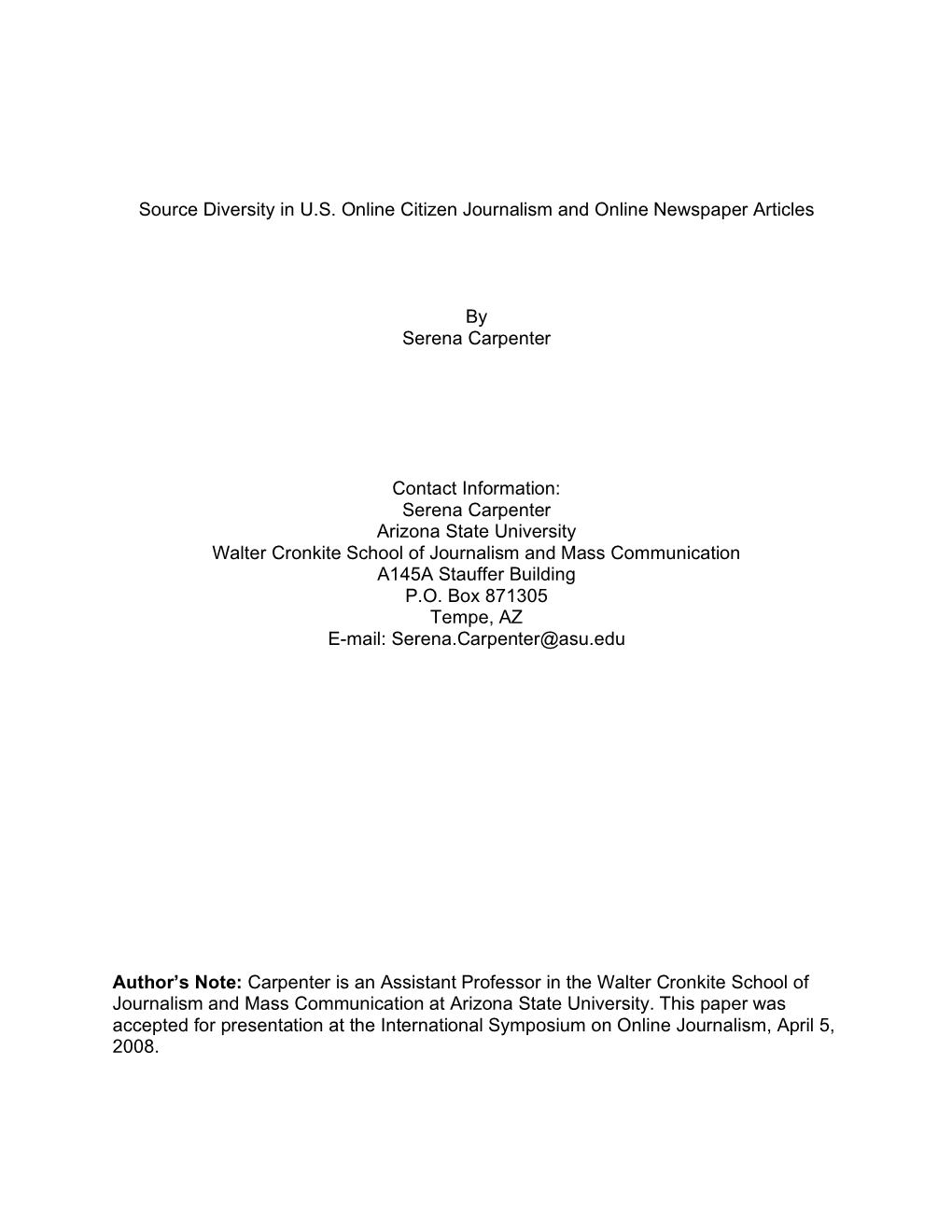 Source Diversity in U.S. Online Citizen Journalism and Online Newspaper Articles