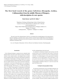 The First Fossil Record of the Genus Callichirus (Decapoda, Axiidea, Callianassidae) from the Middle Miocene of Hungary, with Description of a New Species