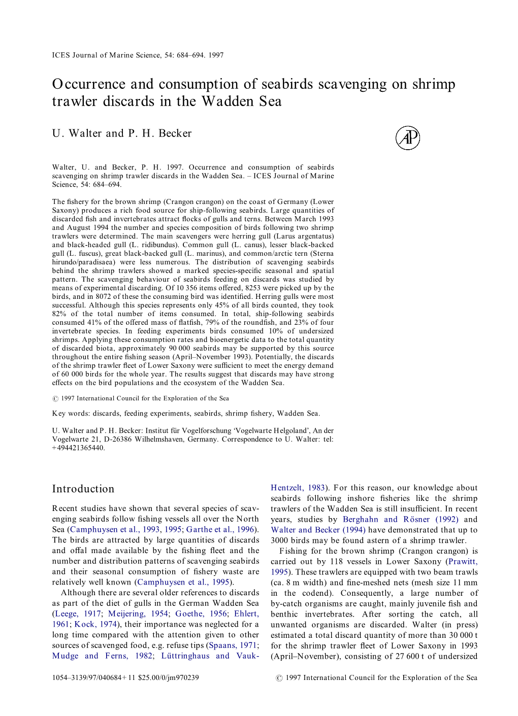 Occurrence and Consumption of Seabirds Scavenging on Shrimp Trawler Discards in the Wadden Sea