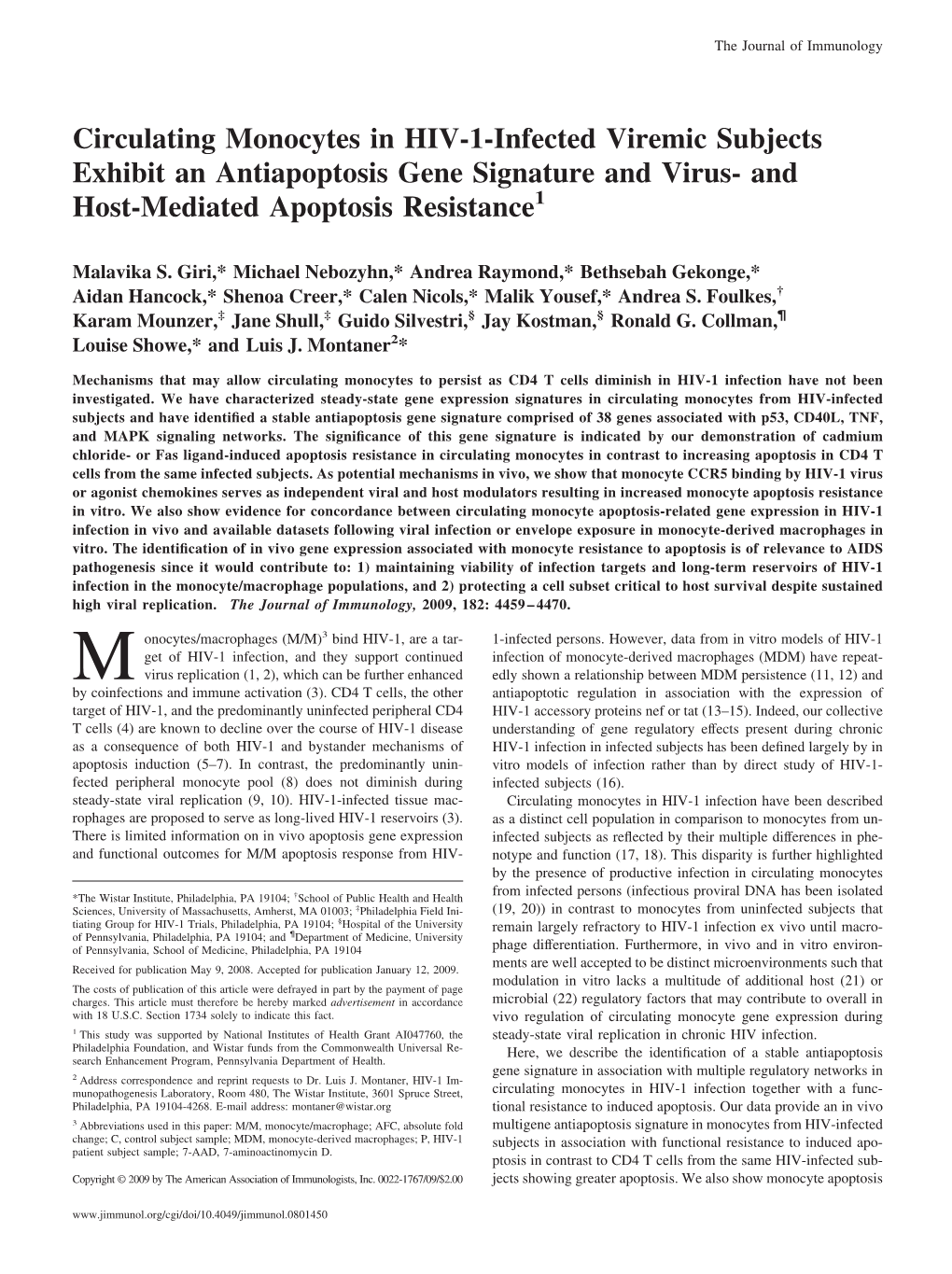 Circulating Monocytes in HIV-1-Infected Viremic Subjects Exhibit an Antiapoptosis Gene Signature and Virus- and Host-Mediated Apoptosis Resistance1