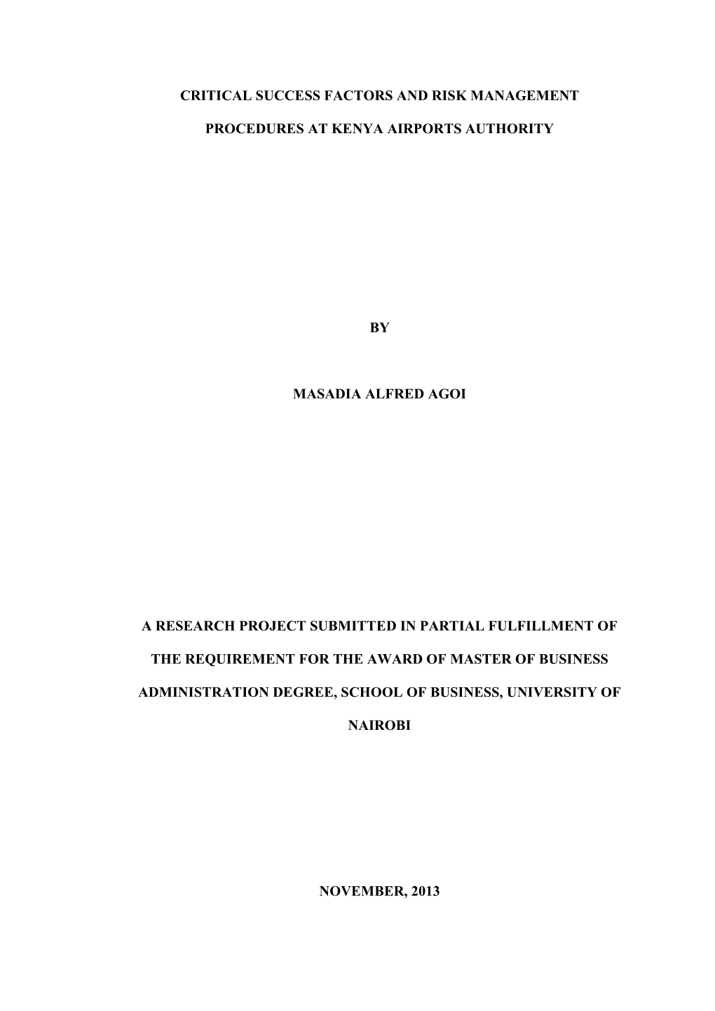 Critical Success Factors and Risk Management Procedures at Kenya Airports Authority (KAA)