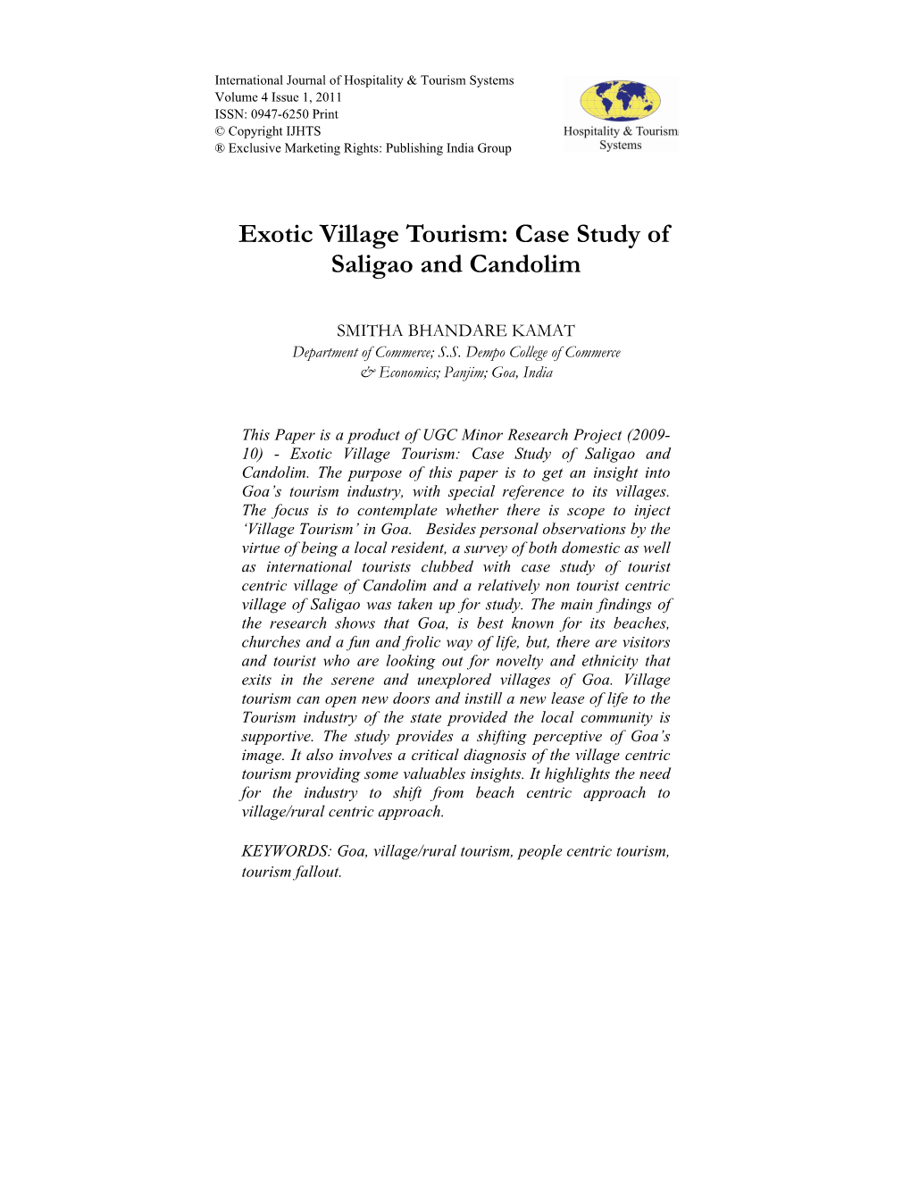 Exotic Village Tourism: Case Study of Saligao and Candolim