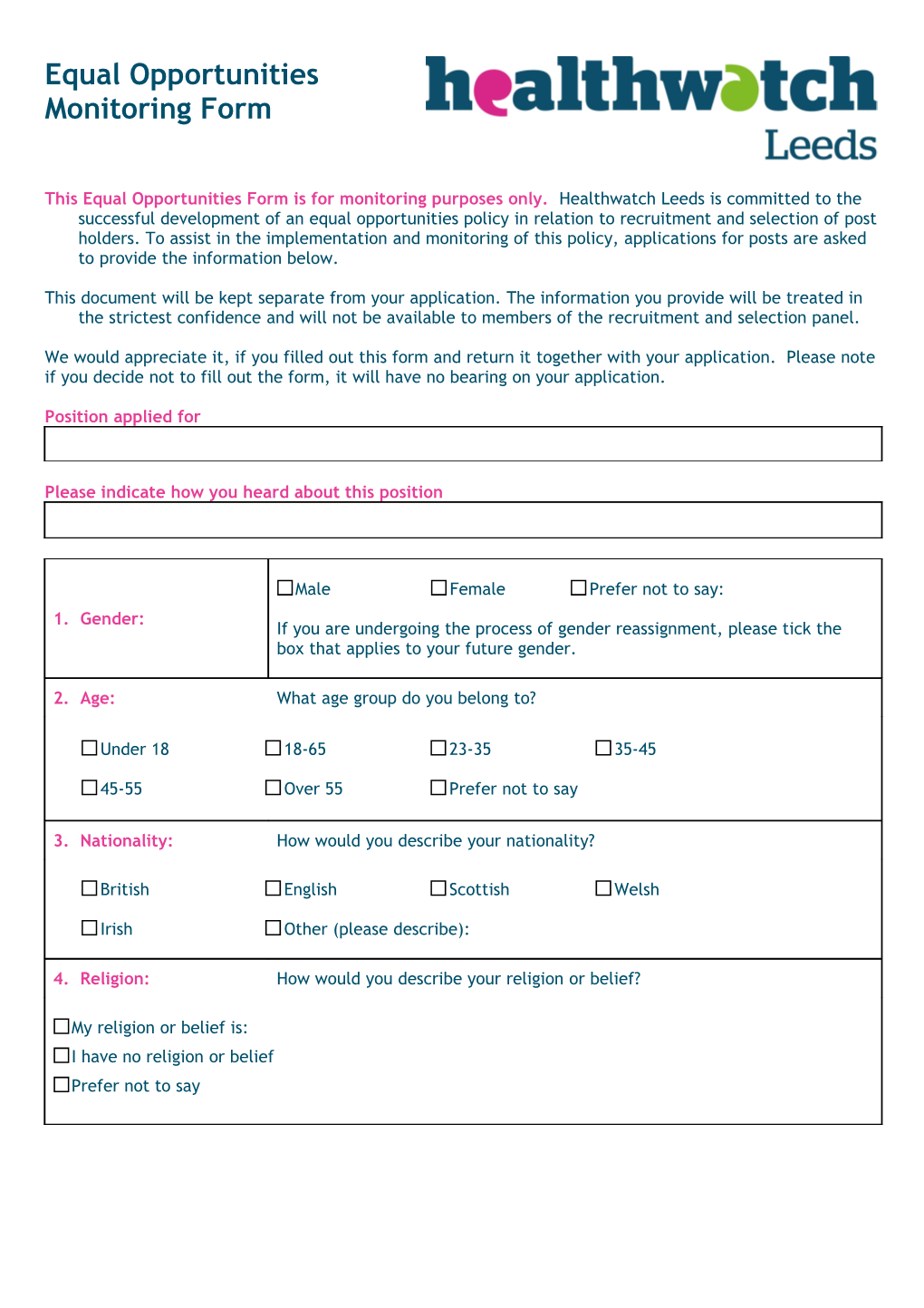 Equal Opportunities Form s2