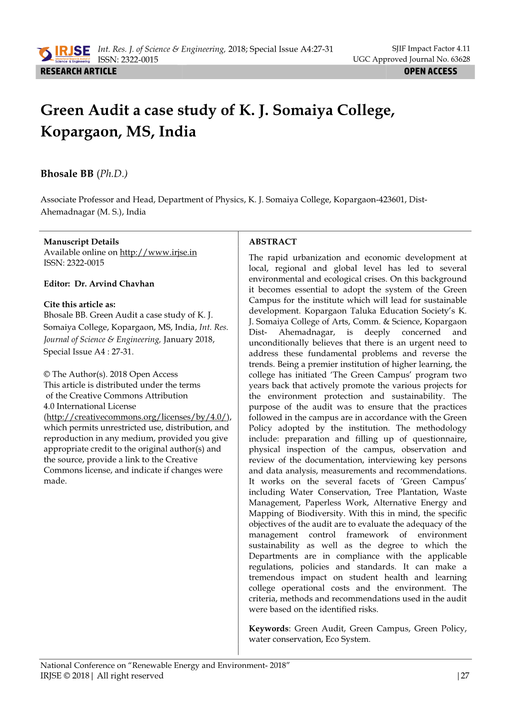 Green Audit a Case Study of K. J. Somaiya College, Kopargaon, MS, India
