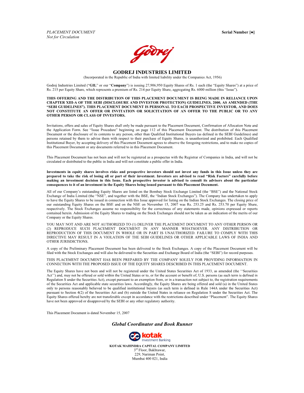 GODREJ INDUSTRIES LIMITED Global Coordinator and Book Runner