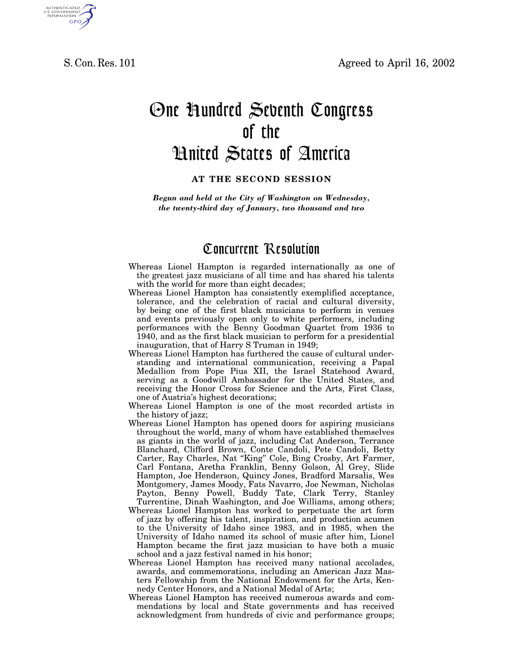 One Hundred Seventh Congress of the United States of America