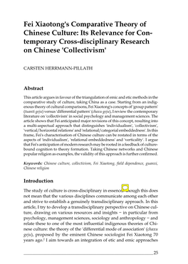 Fei Xiaotong's Comparative Theory of Chinese Culture: Its Relevance for Con- Temporary Cross-Disciplinary Research on Chinese 'Collectivism'