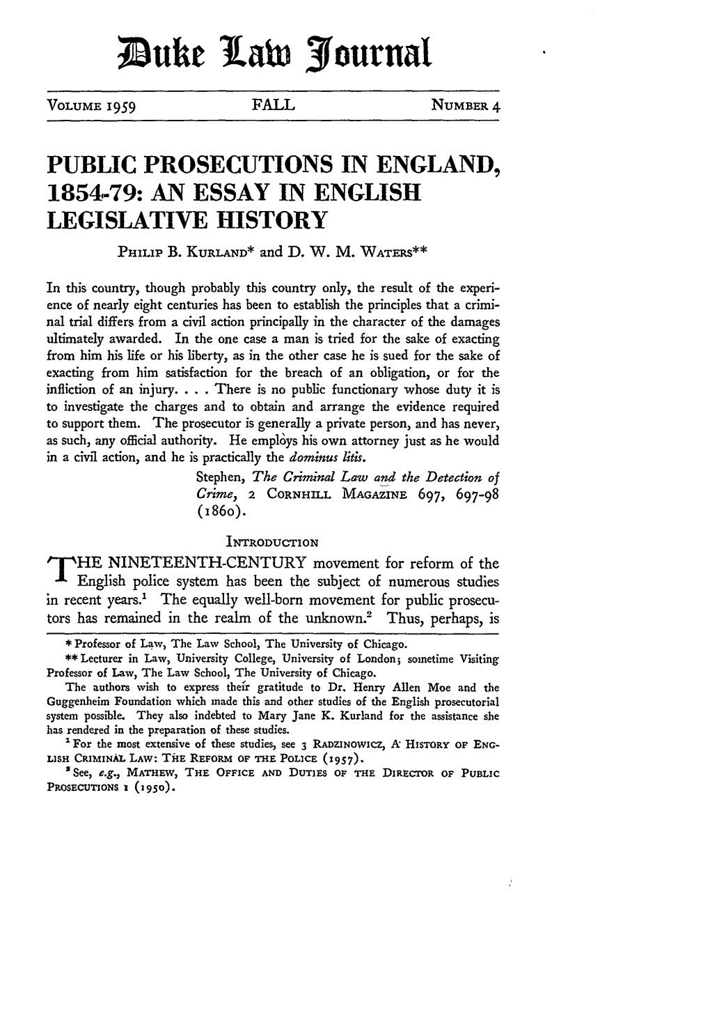 Public Prosecutions in England, 1854-79: an Essay in English Legislative History