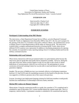 United States Institute of Peace Association for Diplomatic Studies and Training Iraq/Afghanistan Provincial Reconstruction Teams: Lessons Learned