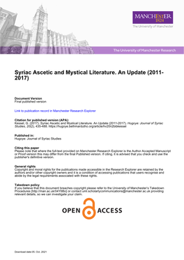 Syriac Ascetic and Mystical Literature. an Update (2011- 2017)