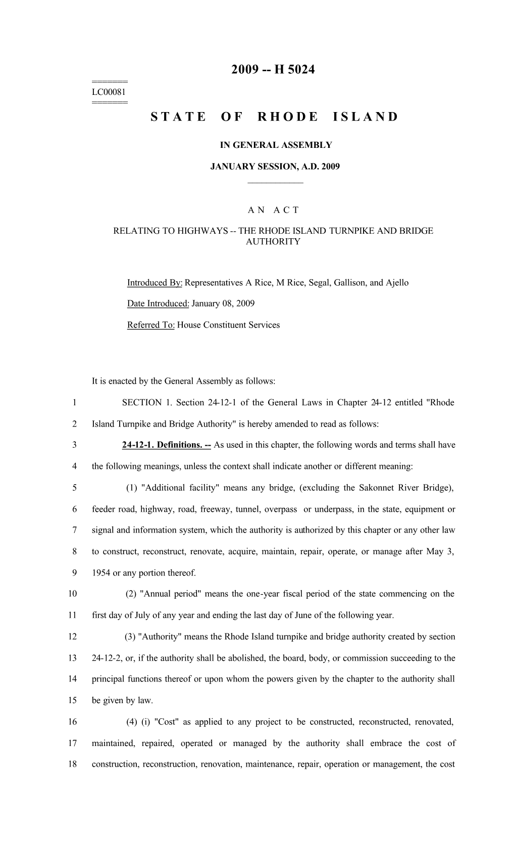 2009 -- H 5024 State of Rhode Island