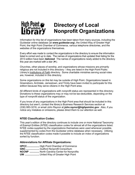 Directory of Local Nonprofit Organizations