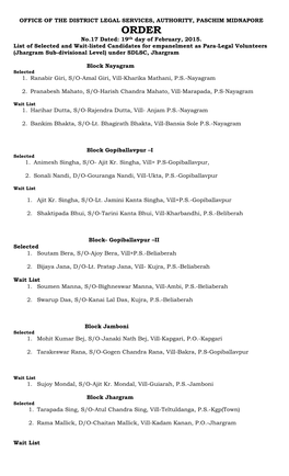 OFFICE of the DISTRICT LEGAL SERVICES, AUTHORITY, PASCHIM MIDNAPORE ORDER No.17 Dated: 19Th Day of February, 2015