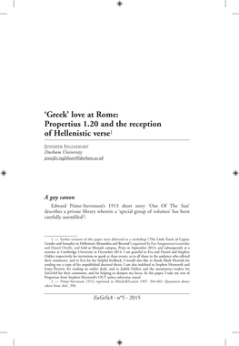 Love at Rome: Propertius 1.20 and the Reception of Hellenistic Verse1