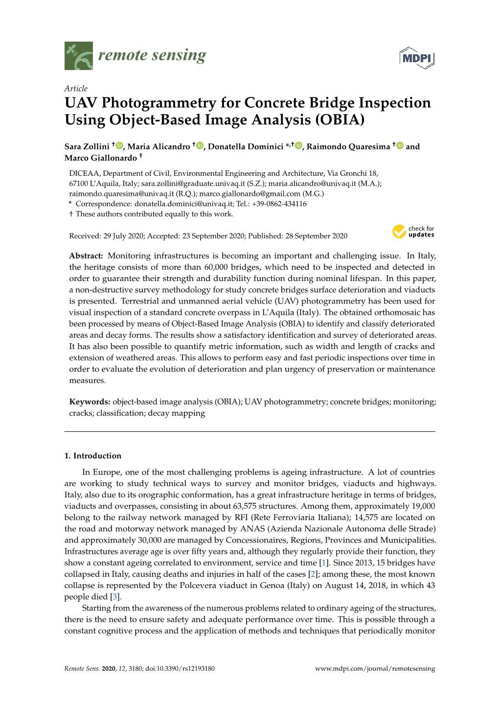 UAV Photogrammetry for Concrete Bridge Inspection Using Object-Based Image Analysis (OBIA)