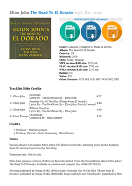 Elton John the Road to El Dorado Mp3, Flac, Wma