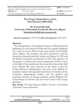 The Congo Independence and Its Post-Mayhem (1960-1963) P.P