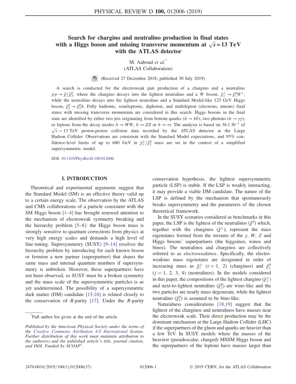 Search for Chargino and Neutralino Production in Finalpﬃﬃ States with a Higgs Boson and Missing Transverse Momentum at S =13 Tev with the ATLAS Detector