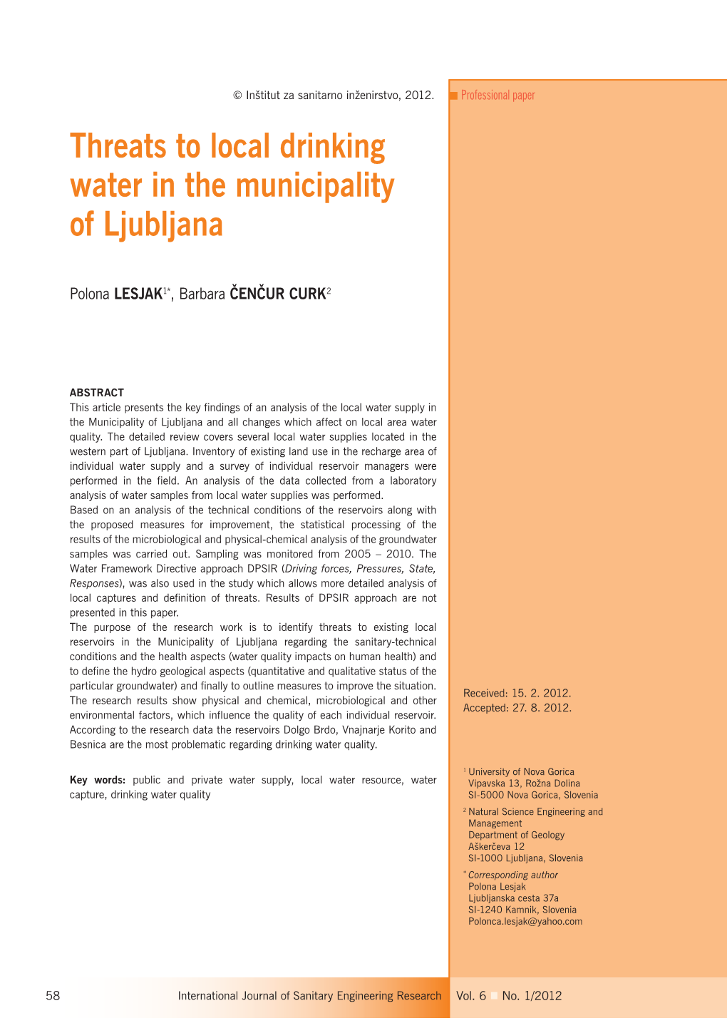 Threats to Local Drinking Water in the Municipality of Ljubljana