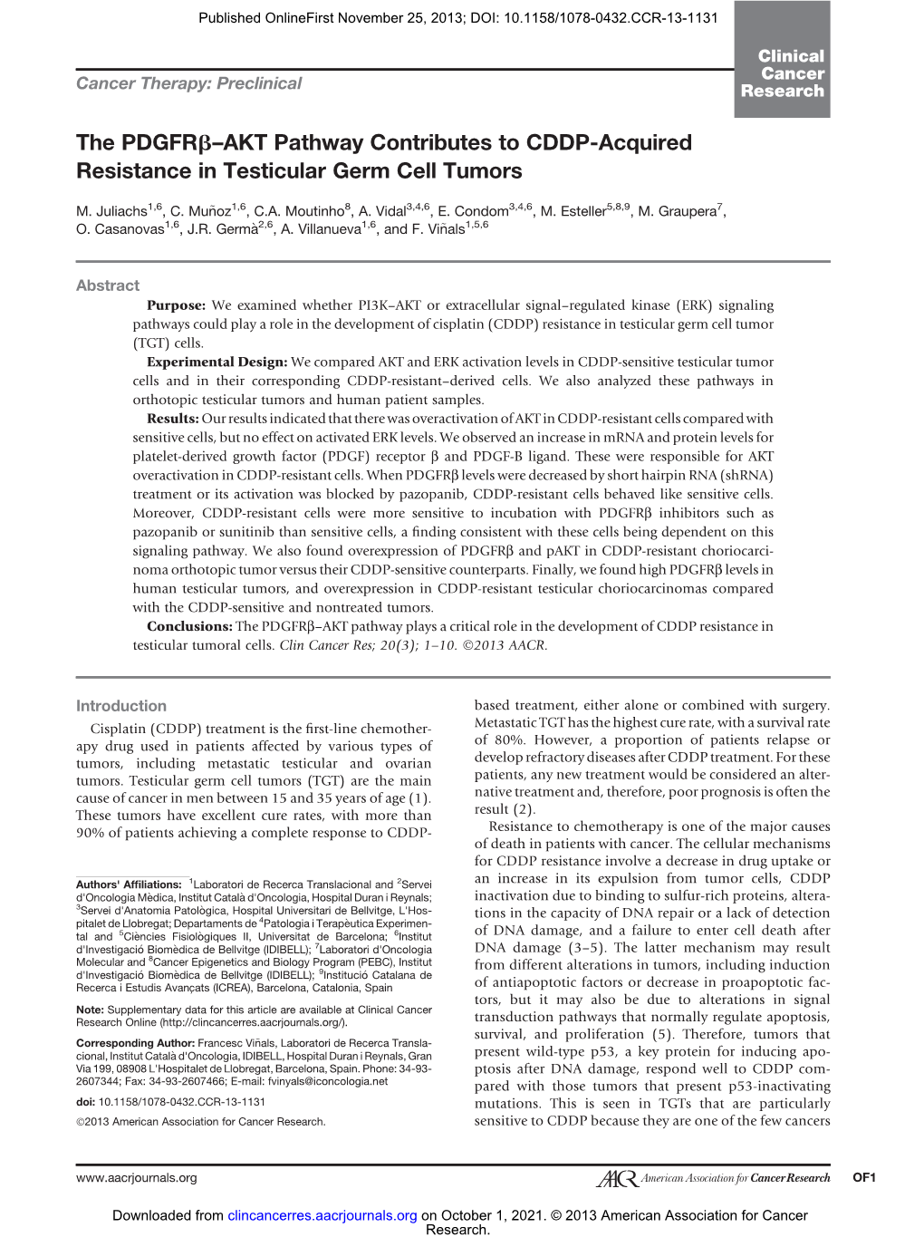 The Pdgfrb–AKT Pathway Contributes to CDDP-Acquired Resistance in Testicular Germ Cell Tumors