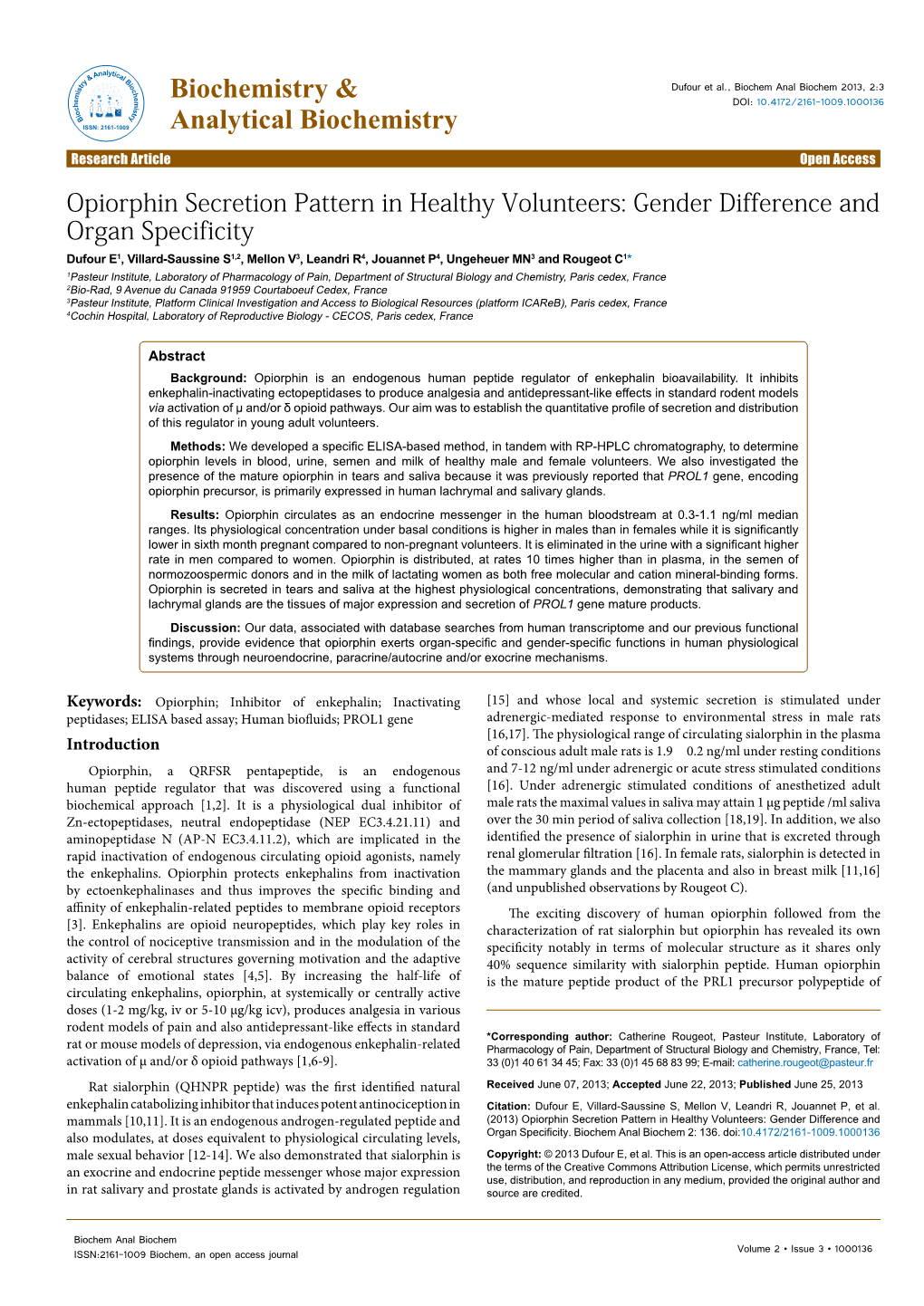 Opiorphin Secretion Pattern in Healthy Volunteers