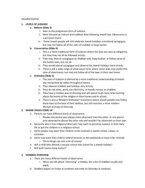 Detailed Outline 1. LEVELS of JUDAISM A. Reform (Slide 3)