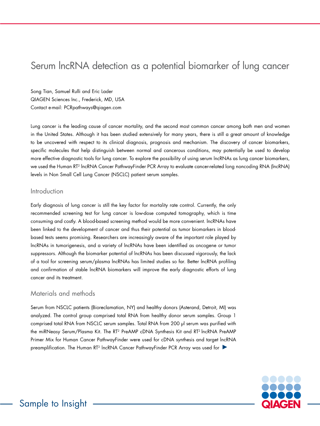 Serum Lncrna Detection As a Potential Biomarker of Lung Cancer