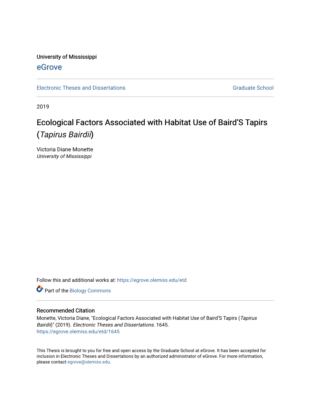 Ecological Factors Associated with Habitat Use of Baird's Tapirs (<Em