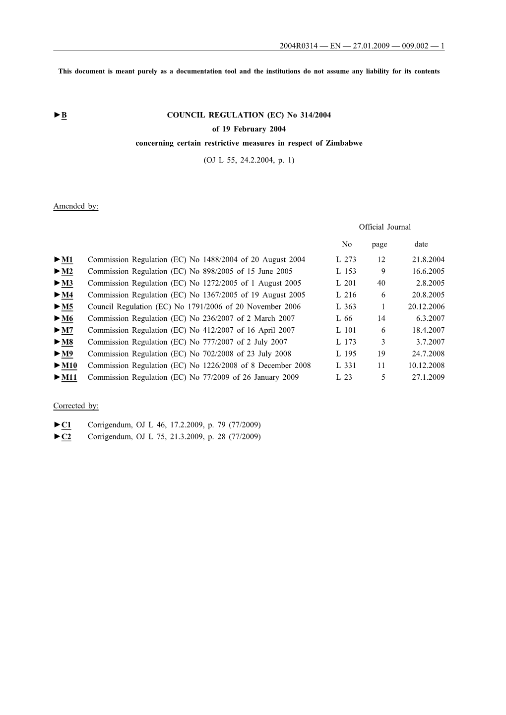 No 314/2004 of 19 February 2004 Concerning Certain Restrictive Measures in Respect of Zimbabwe