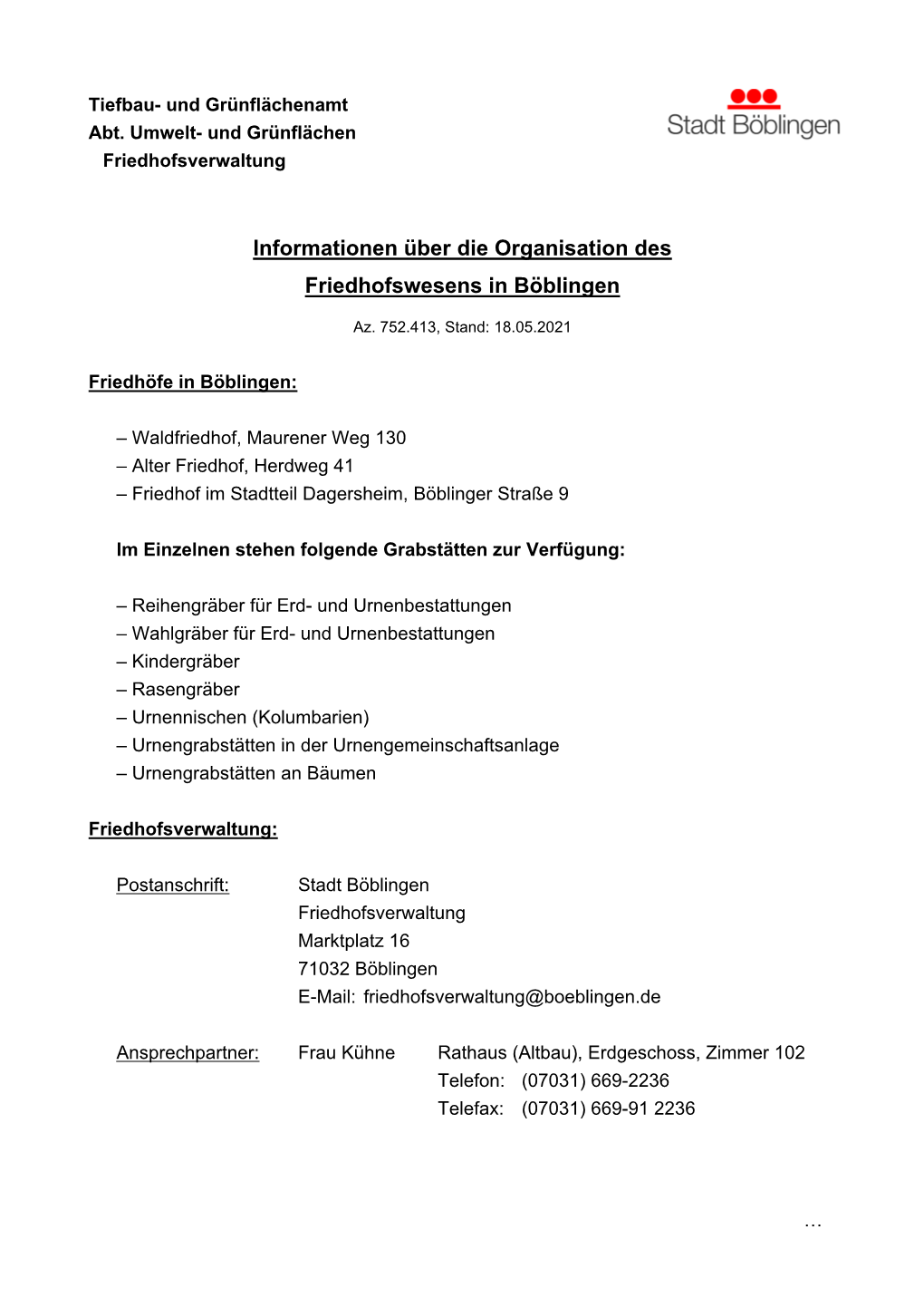 Informationen Über Die Organisation Des Friedhofswesens in Böblingen