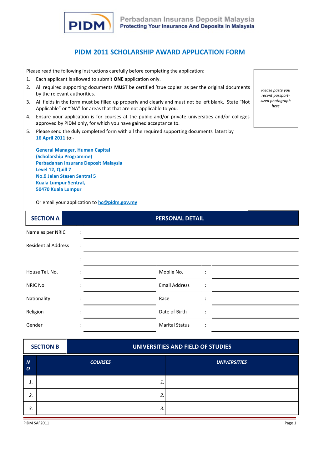 Pidm 2011 Scholarship Award Application Form