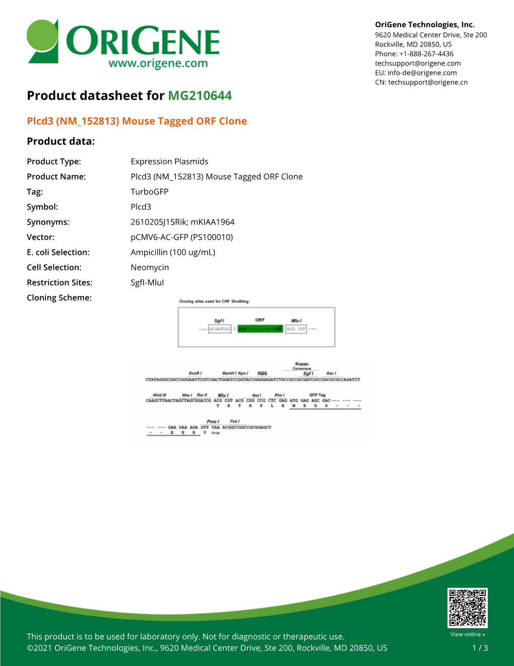 Plcd3 (NM 152813) Mouse Tagged ORF Clone Product Data
