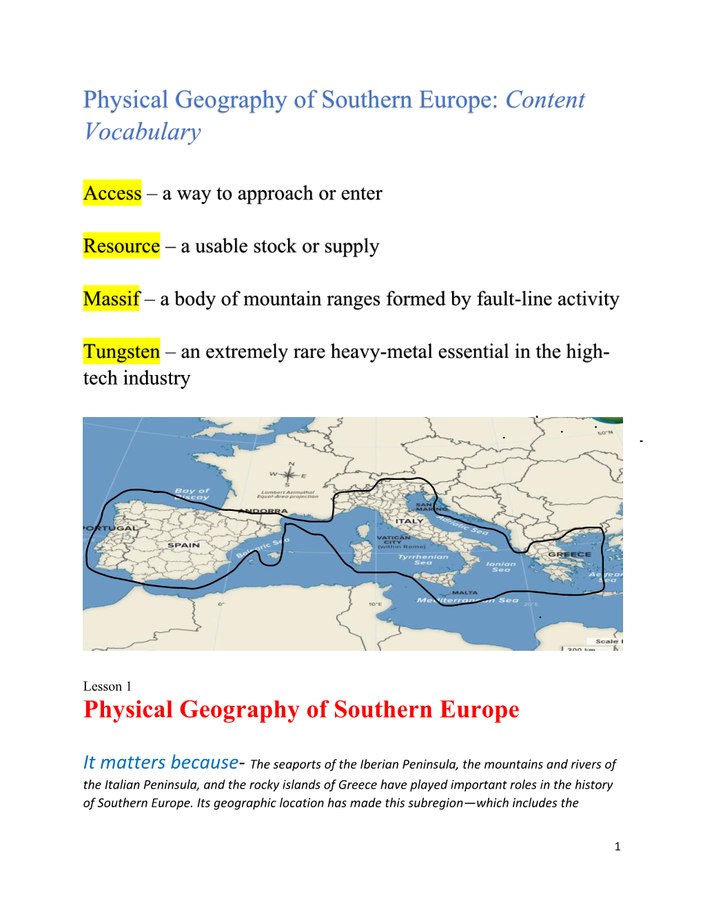 Content Vocabulary Physical Geography of Southern Europe