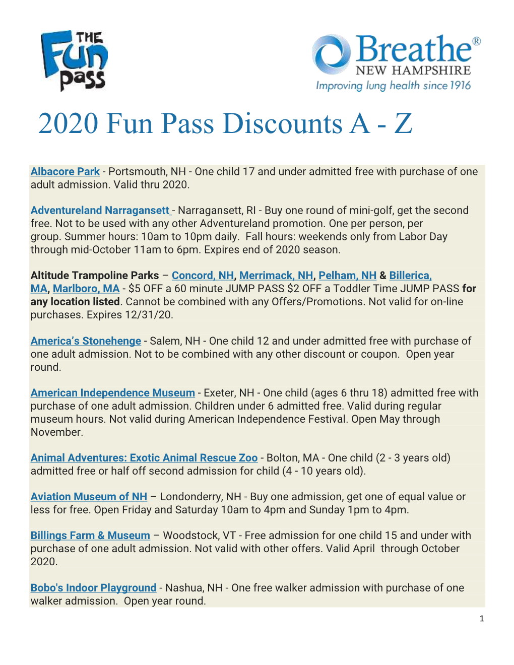 2020 Fun Pass Discounts a - Z