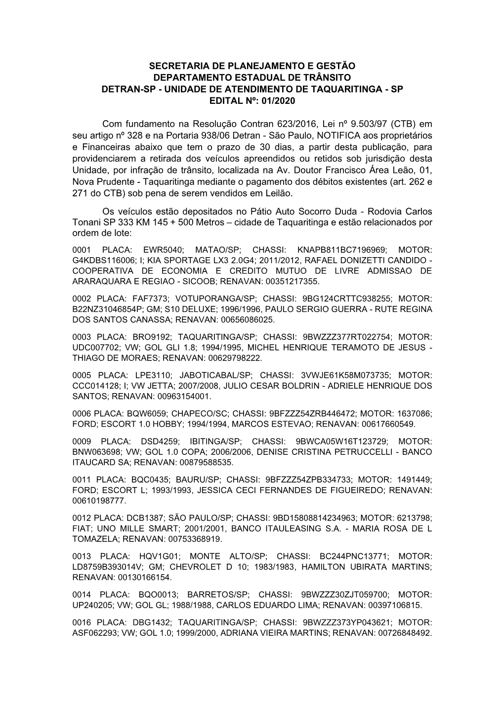 Unidade De Atendimento De Taquaritinga - Sp Edital Nº: 01/2020