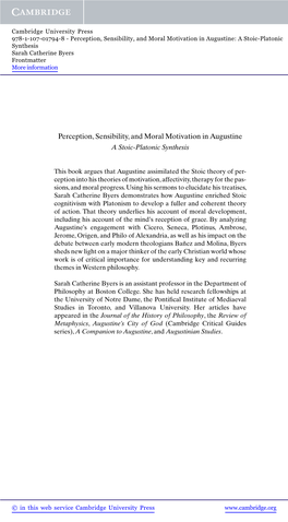 Perception, Sensibility, and Moral Motivation in Augustine: a Stoic-Platonic Synthesis Sarah Catherine Byers Frontmatter More Information