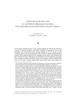 From the Liner Vulcania to the Martin Memorial Lectures: Paul Oskar Kristeller’S First Fifteen Years in America*