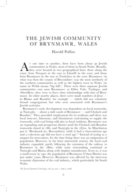 THE JEWISH COMMUNITY of BRYNMAWR, WALES Harold Pollins