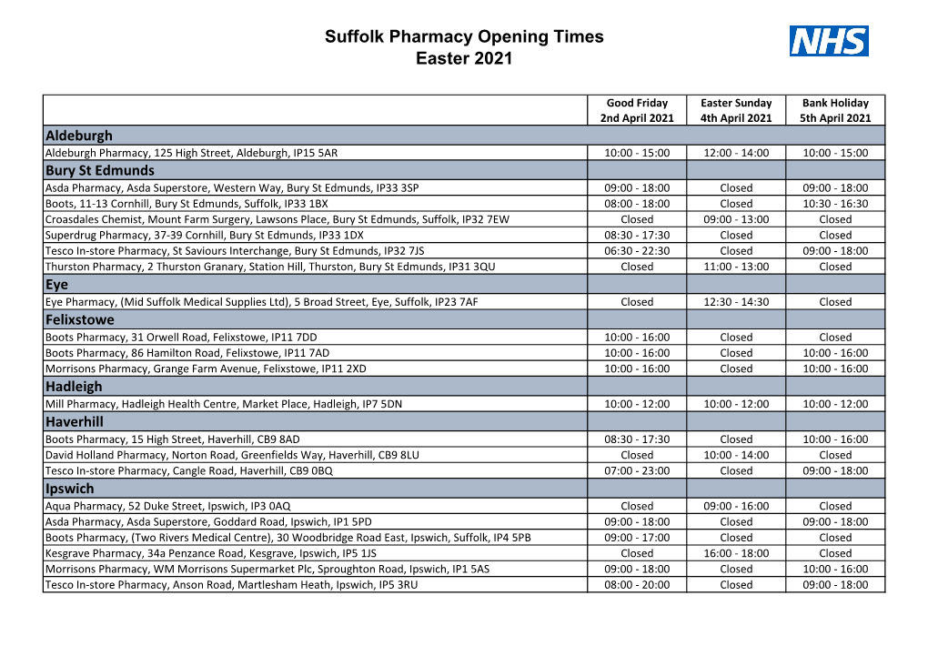 Suffolk Pharmacy Opening Times Easter 2021