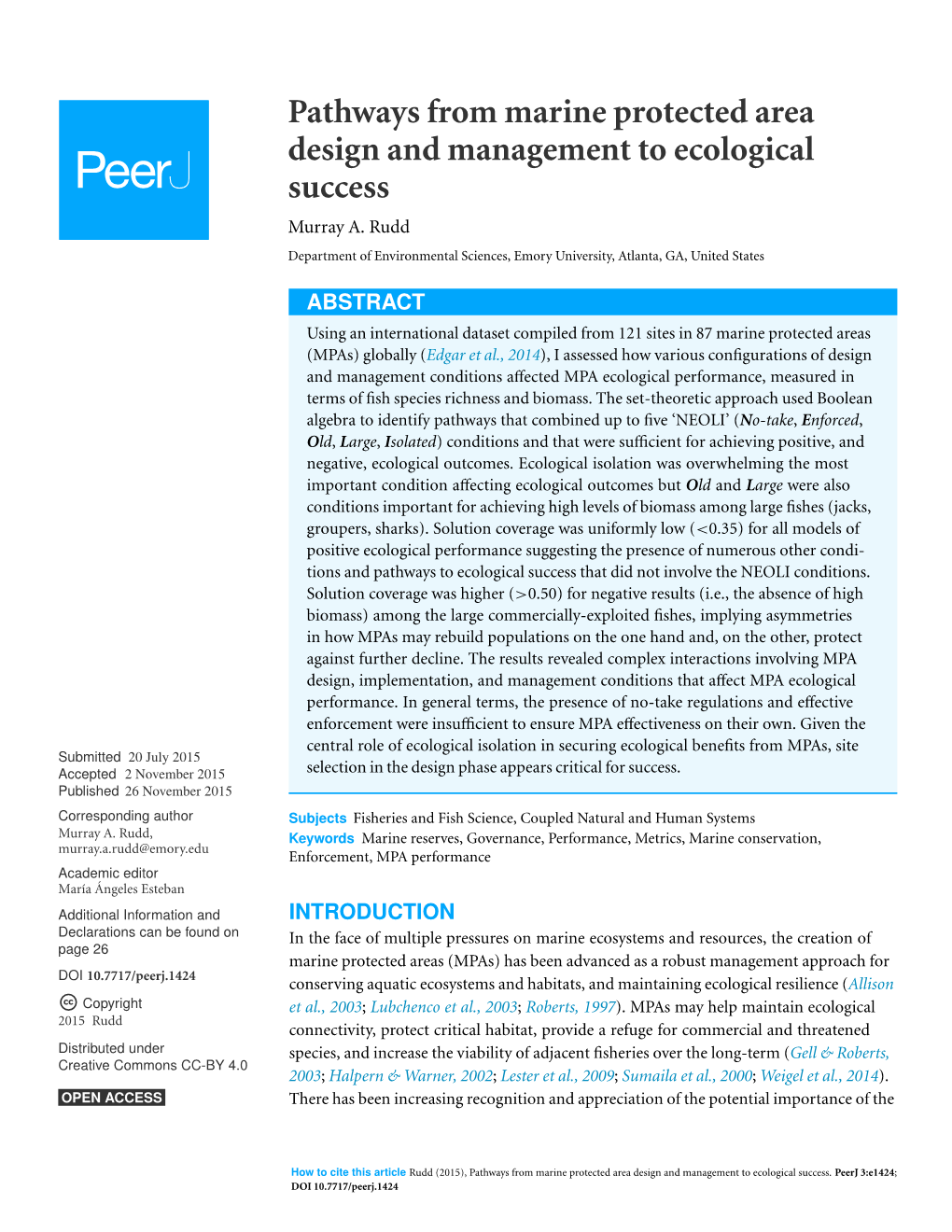 Pathways from Marine Protected Area Design and Management to Ecological Success Murray A