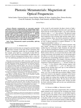 Photonic Metamaterials: Magnetism at Optical Frequencies Stefan Linden, Christian Enkrich, Gunnar Dolling, Matthias W