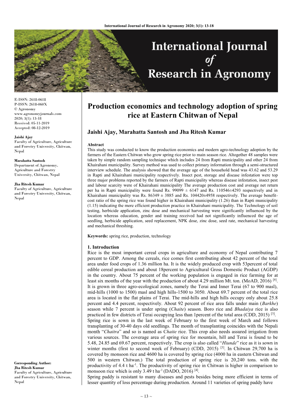 Production Economics and Technology Adoption of Spring Rice at Eastern Chitwan of Nepal