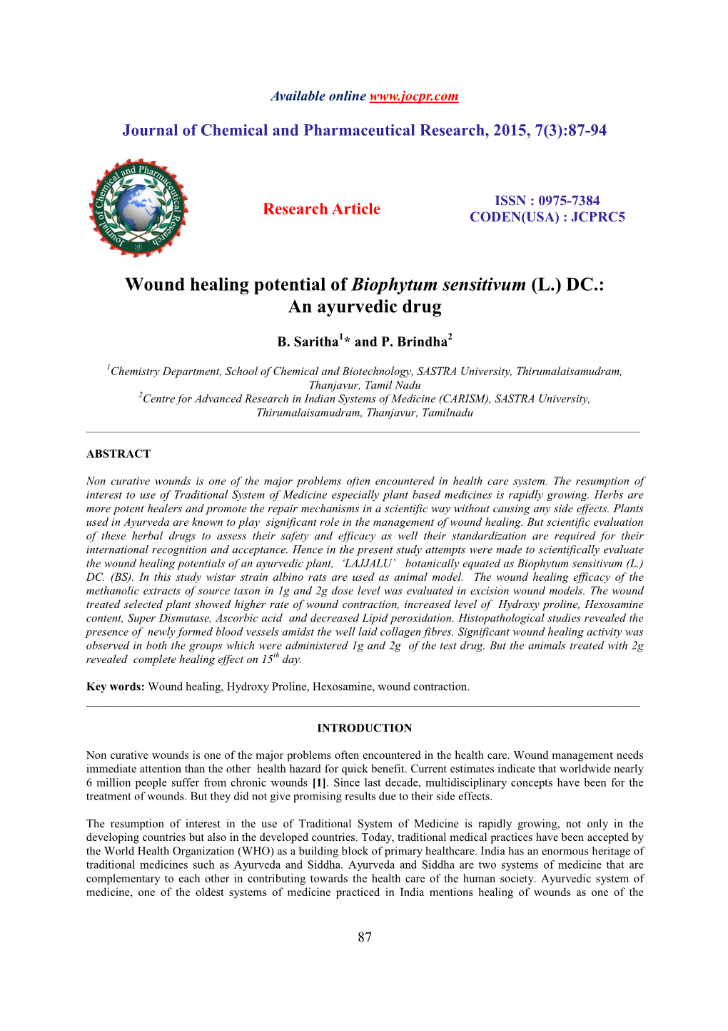 Wound Healing Potential of Biophytum Sensitivum (L.) DC.: an Ayurvedic Drug