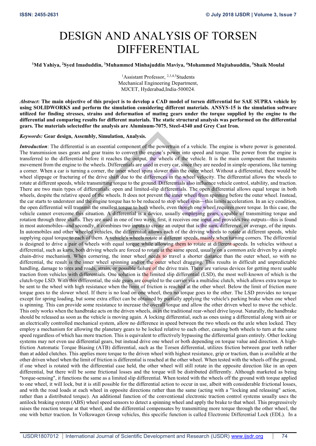 Design and Analysis of Torsen Differential