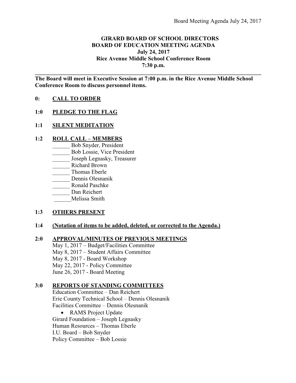 Board Meeting Agenda July 24, 2017 GIRARD BOARD of SCHOOL