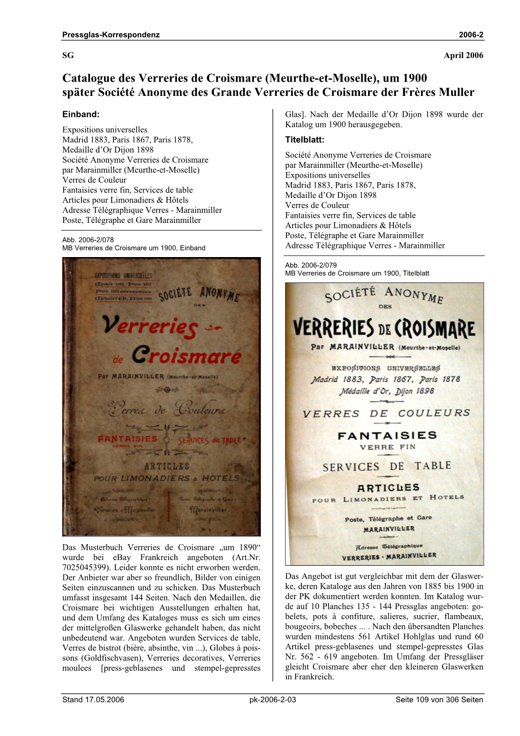 Catalogue Des Verreries De Croismare (Meurthe-Et-Moselle), Um 1900 Später Société Anonyme Des Grande Verreries De Croismare Der Frères Muller